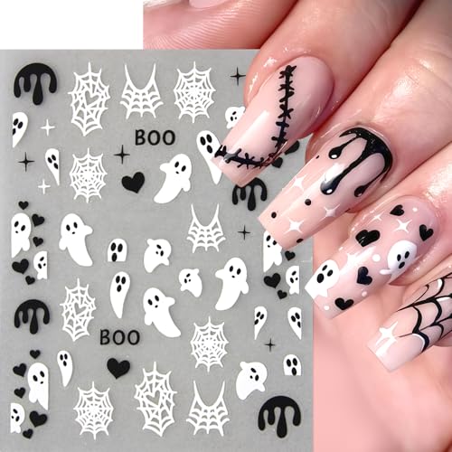 Halloween Ghost Nail Art Stickers - Diamond Ghost Variation, 8 Sheets Self-Adhesive Spiders & Web Design for Nails