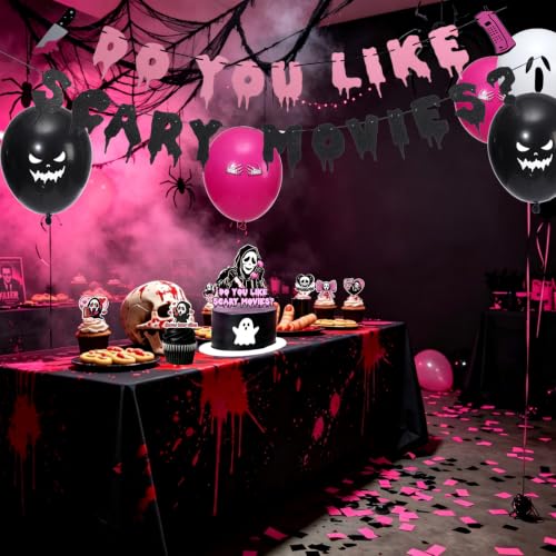 Pink and Black Horror Movie Party Decorations Set with Banner, Balloons & Cupcake Toppers