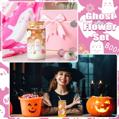 Halloween Ghost Flower Gift Set with Glass Cup Blanket Keychain - Pink Variation