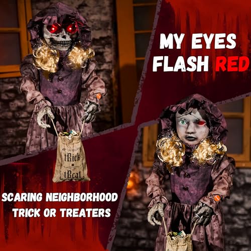 4ft Creepy Animatronic Doll Halloween Decorations - Light Up Eyes Sound Activated Horror Prop