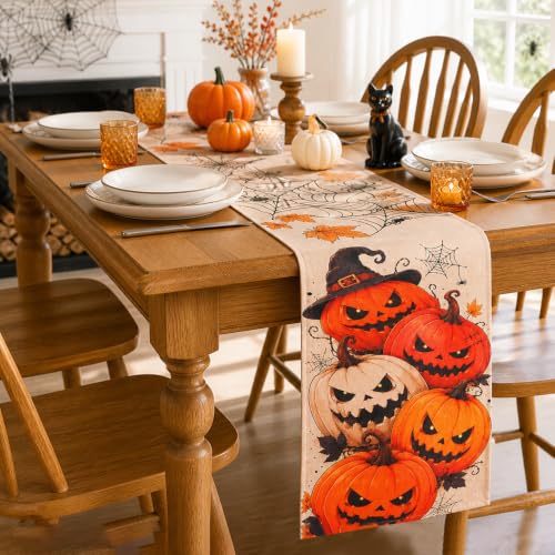 Halloween Table Runner - Orange Pumpkin Spider Web Design, 13 x 72 Inches - Fall & Party Decor
