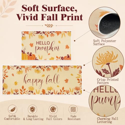 WERNNSAI Fall Kitchen Rugs Set of 2 - Brown Non-Slip Pumpkin Mat for Floor