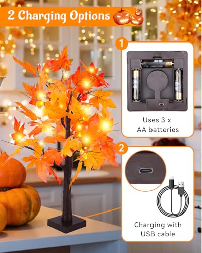 2+2FT Fall Maple Tree Light with Pumpkins & Acorns - USB & Battery Operated