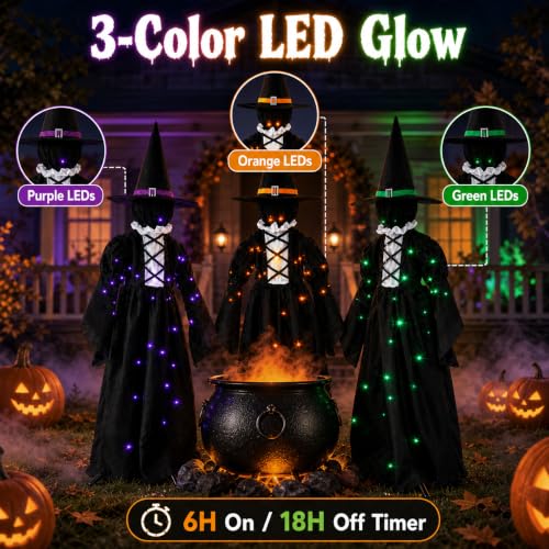 Set of 3 Light Up Halloween Witch Decorations Outdoor - 59 Inch LED Yard Stakes