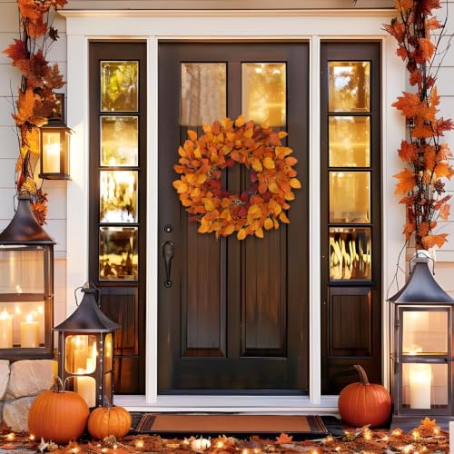 Artificial Fall Leaf Wreath - 24 Inch Autumn Decoration in Orange Yellow - Rustic Front Door Decor