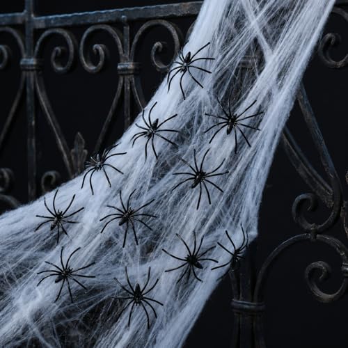 Halloween Spider Web Decor with 100 Fake Spiders - Stretchable & Reusable