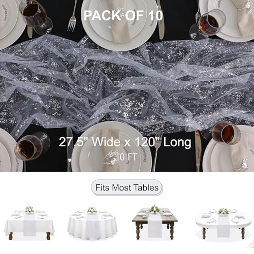 Silver 10FT Table Runner Pack of 10 - Sheer Chiffon Gauze with Sequin Glitter for Weddings & Parties Variation: Silver / 10FT / 10Pcs