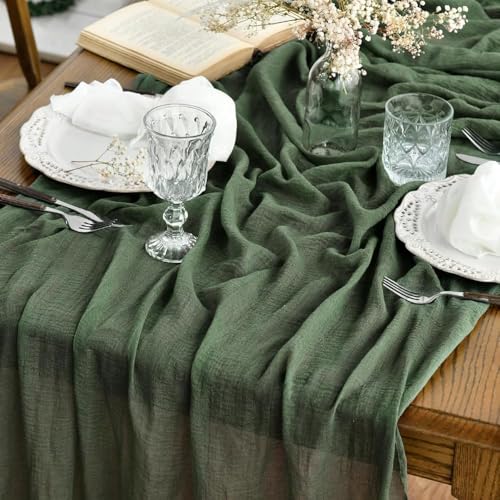 160-Inch Forest Green Boho Cheesecloth Table Runner for Wedding & Holiday Decor