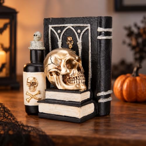 Gothic Gold Skull Book Decor - Halloween Skull Statue, Tabletop Figurine
