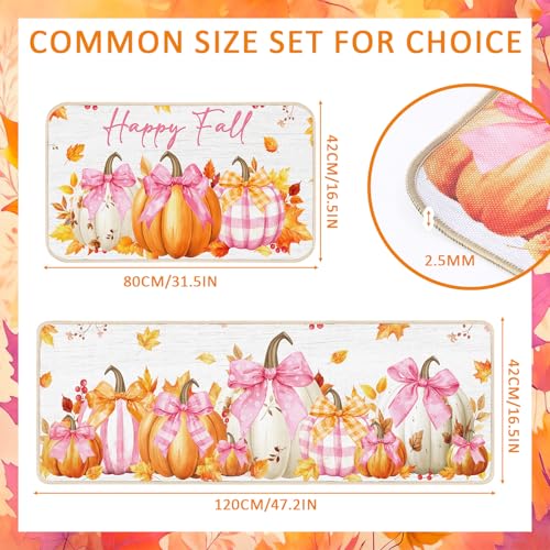 Pink Bow Pumpkin Kitchen Mats Set - Non Slip Fall Decor, 2 Sizes