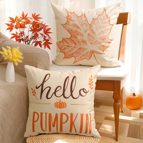 Fall Pillow Covers 18x18 Inch Set of 4 Autumn Harvest Decorations - Beige Maple Variation