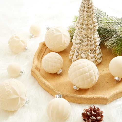Cream Velvet Christmas Ball Ornaments Set - 46 Pcs Shatterproof Holiday Decorations with Loop, 3 Sizes