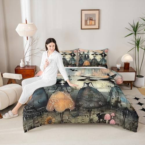 Gothic Witch Comforter Set Black & Grey Full Size Bedding with Spooky Design - Enchantress Halloween Decor