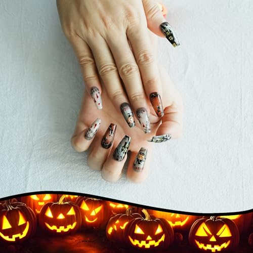 Halloween Character Art Press-On Nails Long Coffin S - Spooky Scene & Gothic Design