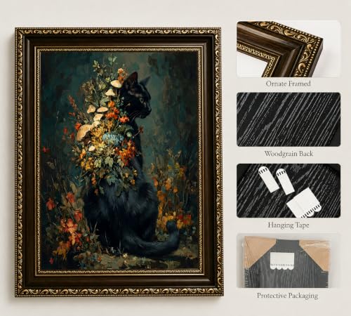 Black Cat Wall Art Canvas - Framed Moody Woodland Decor 16x12 in - Variation of THIS listing