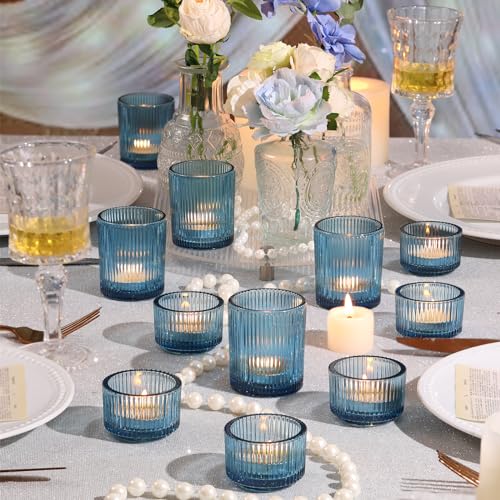 Blue Ribbed Votive Candle Holders Set - 20 Pcs, Assorted Sizes, Wedding & Party Decor Variation of Blue / 20