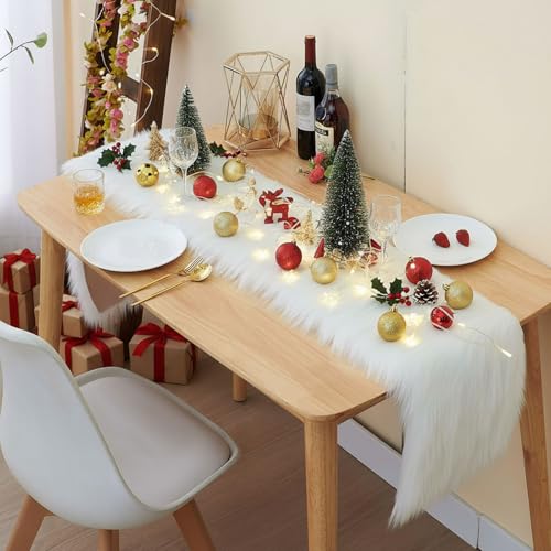 White Faux Fur Table Runner 11.8x59 Inch for Christmas Dining Decor - Snow White