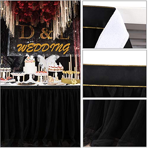 9ft Black Tulle Table Skirt with Gold Trim for Party Wedding Baby Shower
