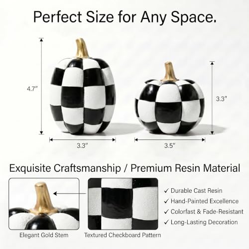 Black and White Checkered Pumpkins with Gold Stem - Resin Halloween Decor Set of 2