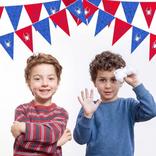 Spider Web Birthday Party Decorations Banner - Red & Blue Flags, 49.2 ft, 5 Pcs