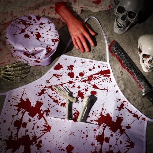 Halloween Bloody Chef Apron & Hat Set - White, Red Bloody Style, 2 Pieces