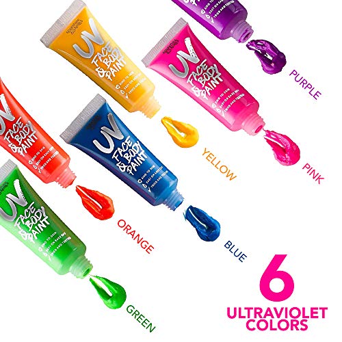 UV Body & Face Paint 10ml 6 Pack Neon Glow-in-the-Dark Makeup for Parties