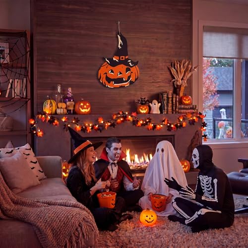 Halloween Wooden Door Sign - Pumpkin Ghost Welcome Hanging Decor for Front Door & Wall - Fall Holiday Wreath