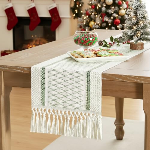 Sage Green Boho Macrame Table Runner - Rustic Home Decor 12x72 Inches Variation of Boho_Sage Green / 12" W x 72" L