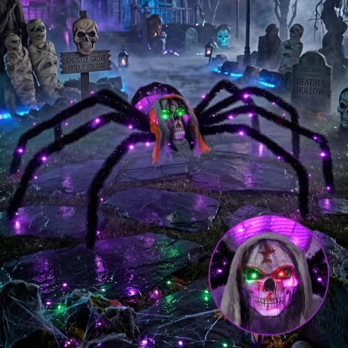 52-Inch Floor-Standing Halloween Giant Skull Face Spider with Flashing Red & Green LED Eyes