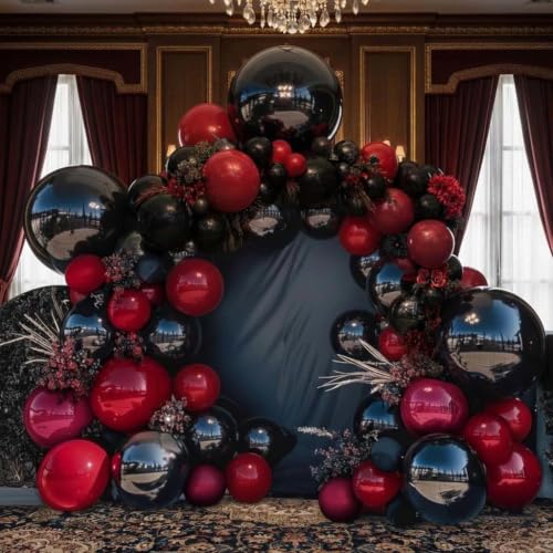 Double Stuffed Black Red Burgundy Balloon Garland Kit for Gothic Halloween Party - Variation: Black Red Burgundy