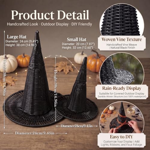 Chicingyou 2 PCS Halloween Rattan Witch Hat Decorations, 15" & 13",