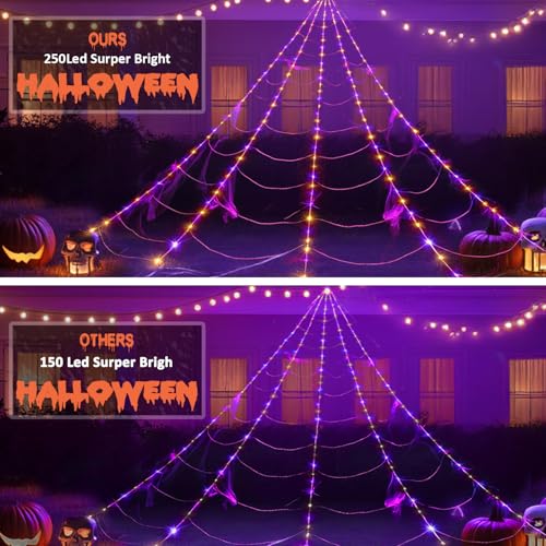 Outdoor Halloween Spider Web Lights - 250 Purple & Orange LEDs, 8 Modes, 16ft Yard Decoration