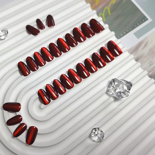 Red Cat Eye Press On Nails Short Oval Glitter Fake Nails with Glue - Reusable