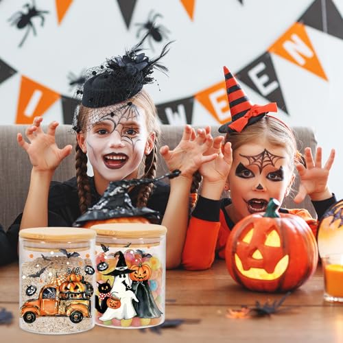 Halloween Glass Storage Jars Set with Airtight Lids - Ghost Pumpkin Truck Decor