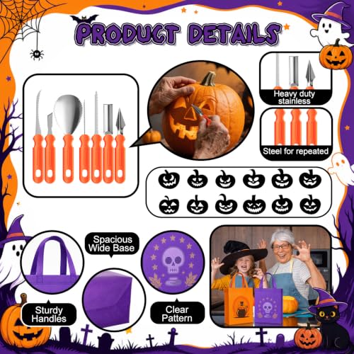 Halloween Pumpkin Carving Kit with Stencils & Trick or Treat Tote Bag - Skull Ghost Variation