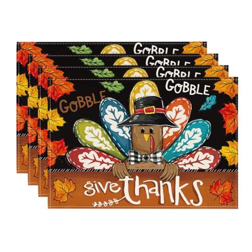 Black Turkey Give Thanks Thanksgiving Placemats Set of 4 - 12x18 Inch Seasonal Table Mats