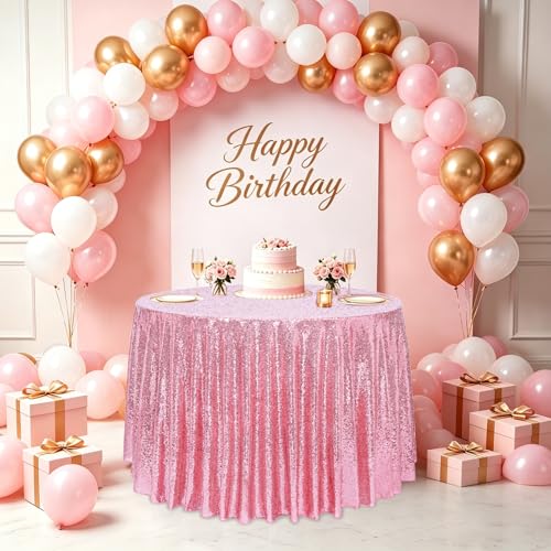 Fuchsia Pink Round Sequin Tablecloth - 120 Inch Glitter Party Cover with Variation