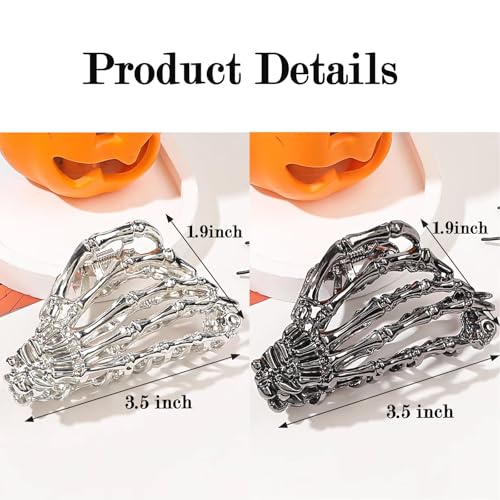 Halloween Hair Clips Skeleton Hand Claw Clips for Thick Hair Black Silver Set