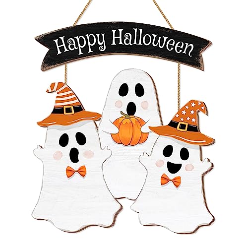 Halloween Ghost Door Sign Set - Three Wooden Ghosts Halloween Decorations for Front Door Wreath Indoor Outdoor - 14.5x12.6in