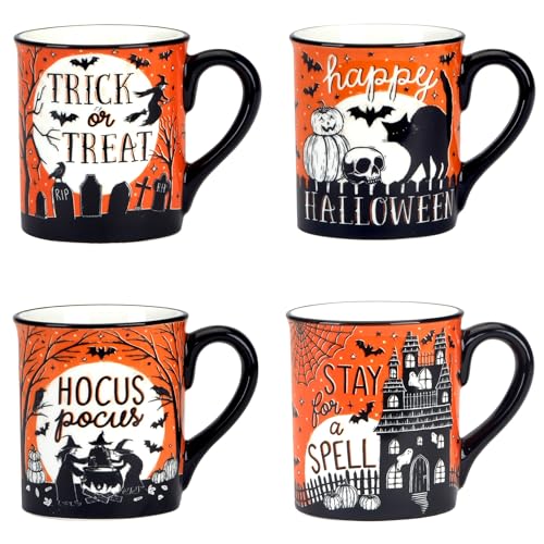 Halloween Ceramic Mug Set 16 oz. | Spooky Fall Coffee Cups, Pack of 4