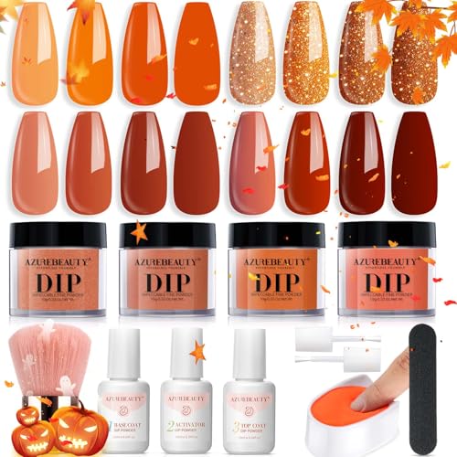 Dip Powder Nail Kit Starter Set - Orange Sparkle Fall Colors, No Lamp Needed