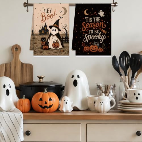 Halloween Kitchen Towels Set with Ghost Design - Boo Ghost Variation A, 2 Pcs, 16x24in