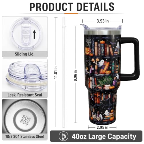 Halloween Bookshelf 40 oz Tumbler with Handle & Straw - Spooky Book Lover Gift