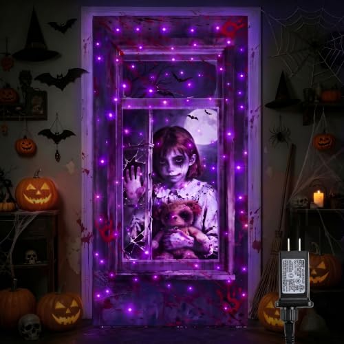 Purple Halloween Door Cover with Lights 37x81 Inch - 8 Modes, Weatherproof, Timer