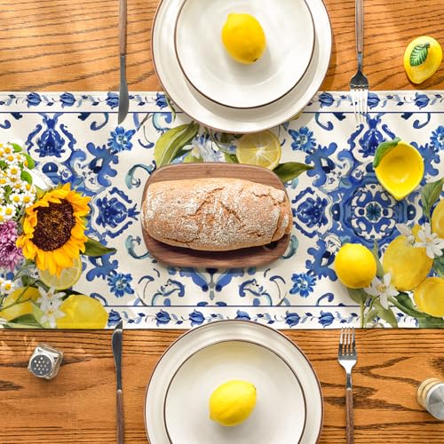 Blue Lemon Porcelain Summer Table Runner 13x72 Inch for Kitchen & Dining Decor