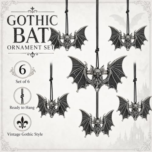 Gothic Halloween Bat Ornaments Set - 6 Antique Alloy Holiday Tree Decorations