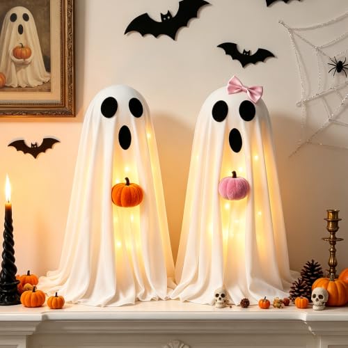 Lighted Ghost Halloween Decorations - Indoor Spooky Spirit Pair with Pumpkins