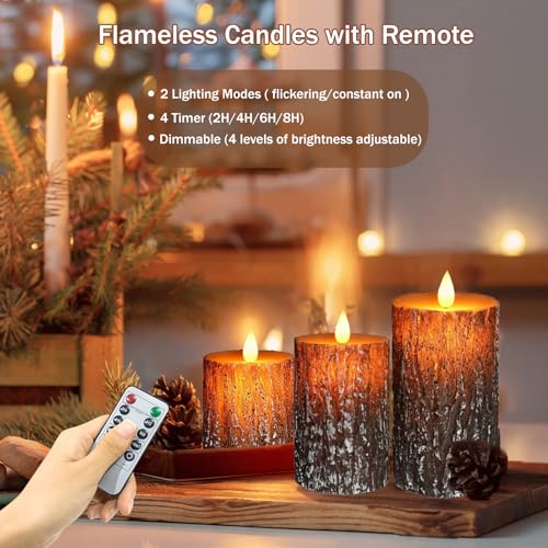 Pine Bark Flameless Candle Set of 3 with Remote & Timer - Brown Variation