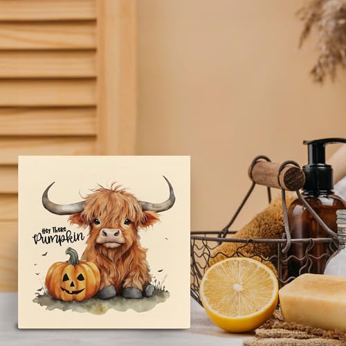 Pumpkin Western Halloween Wooden Sign - Fall Baby Highland Cow Decor, 5x5 Inch