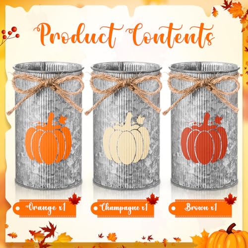 Thanksgiving Fall Pumpkin Vase Set - Rustic Metal Centerpieces, 3 Pieces, Iron Color